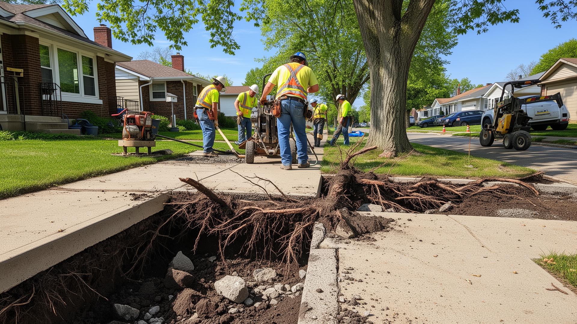 Professional crew removing tree roots from a lifted sidewalk